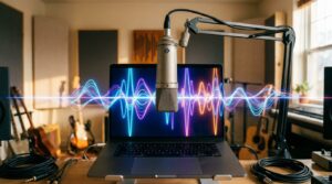 Microfone de estúdio com ondas sonoras digitais saindo de notebook