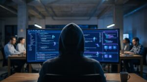 Desenvolvedor diante de monitor ultrawide com IDE futurista e painéis de agentes de IA escrevendo código
