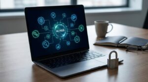 Laptop exibindo um hub central de IA conectando vários aplicativos, com um cadeado representando segurança de dados