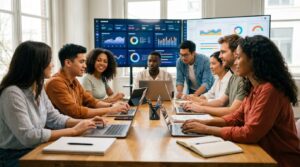Equipe de agência de marketing com dashboards de métricas