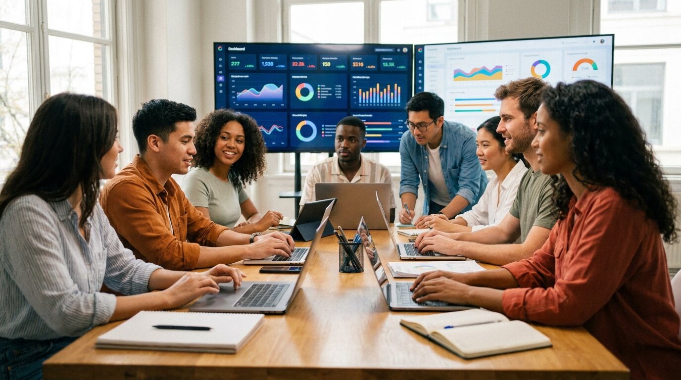 Equipe de agência de marketing com dashboards de métricas