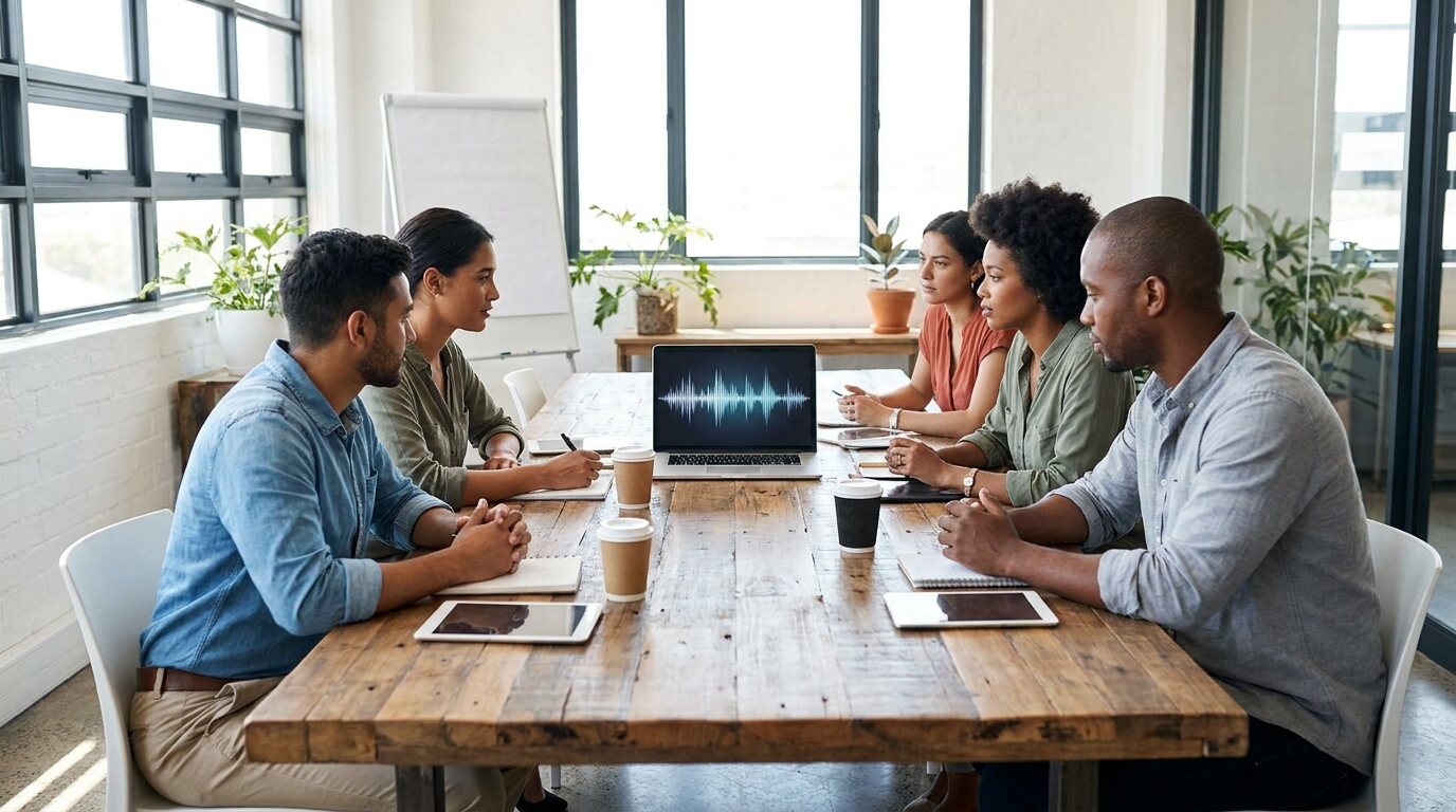 Equipe em reunião com notebook transcrevendo áudio