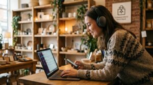 Atendente com fone respondendo mensagens de clientes