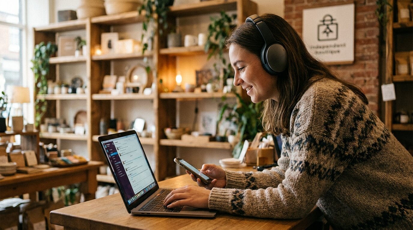 Atendente com fone respondendo mensagens de clientes