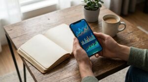 Mãos segurando celular com aplicativo financeiro de gráficos