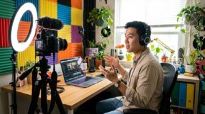 Criador de conteúdo gravando vídeo em home studio