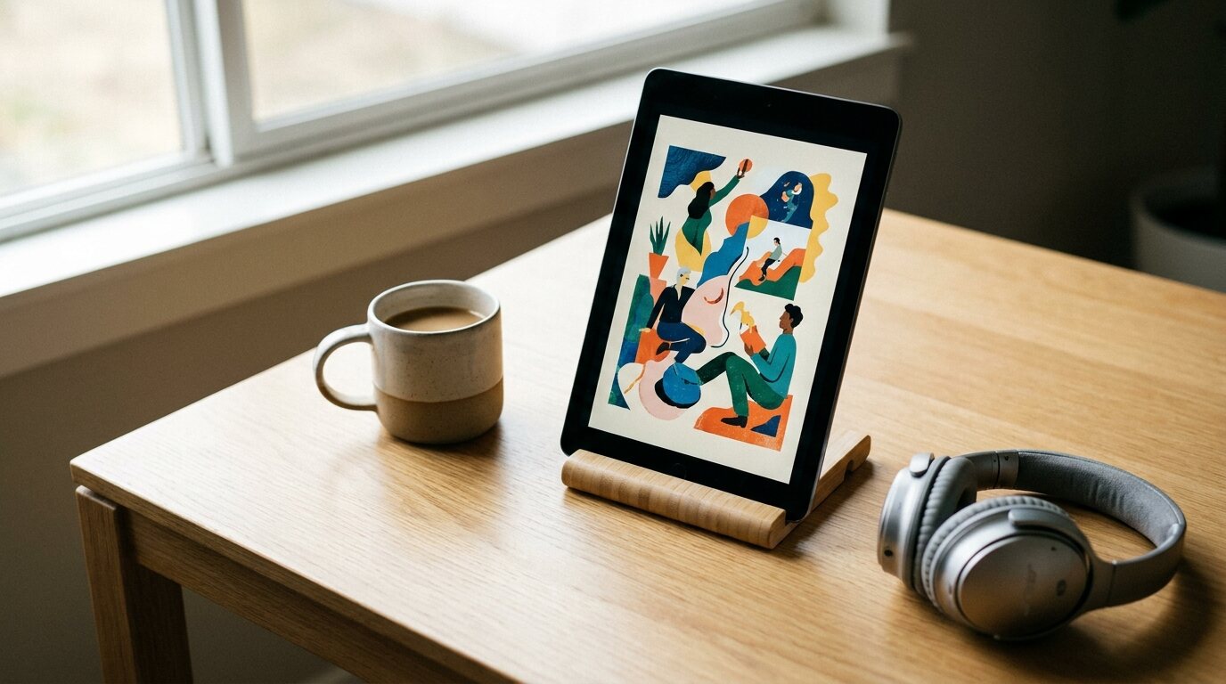 Ebook com capa colorida exibido em tablet