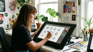 Designer criando logotipos coloridos em tablet gráfico