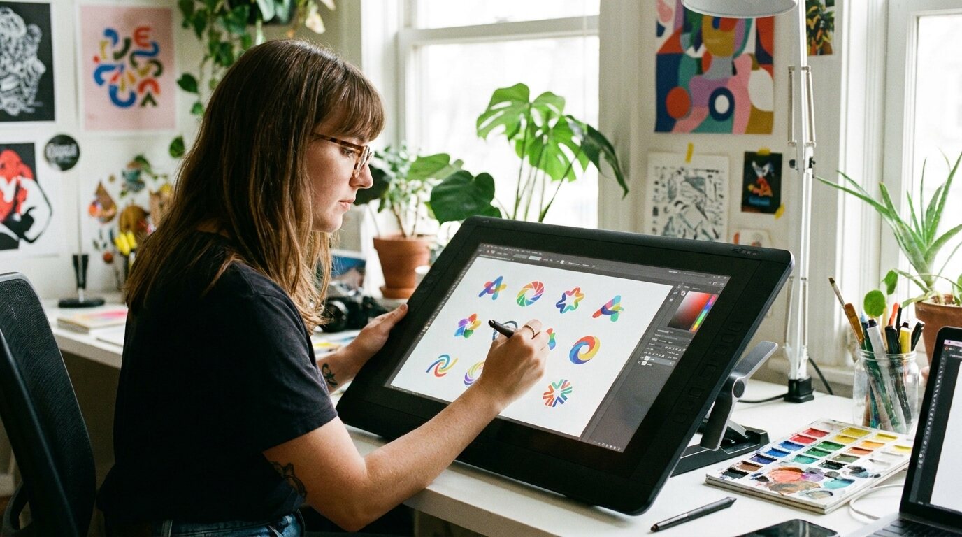 Designer criando logotipos coloridos em tablet gráfico