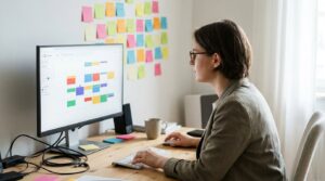 Gestora agendando publicações em calendário no monitor