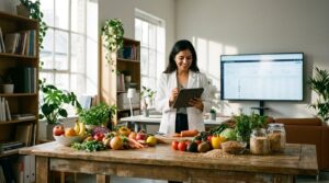 Nutricionista montando cardápio com frutas e legumes e tablet
