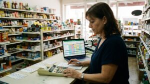 Lojista calculando preços com calculadora e notebook com planilha