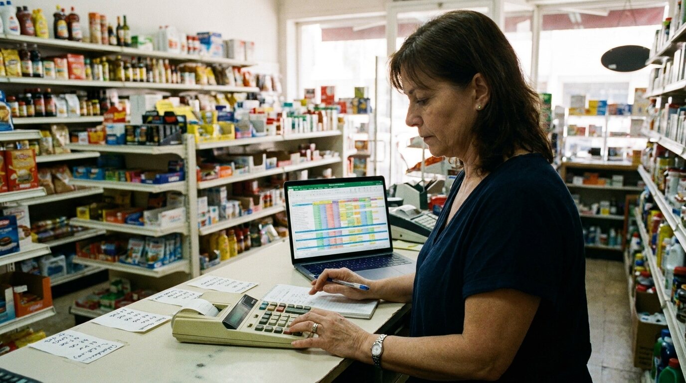Lojista calculando preços com calculadora e notebook com planilha
