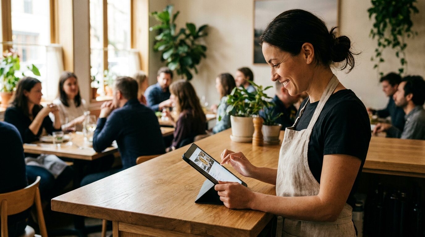 Dono de restaurante usando tablet no balcão