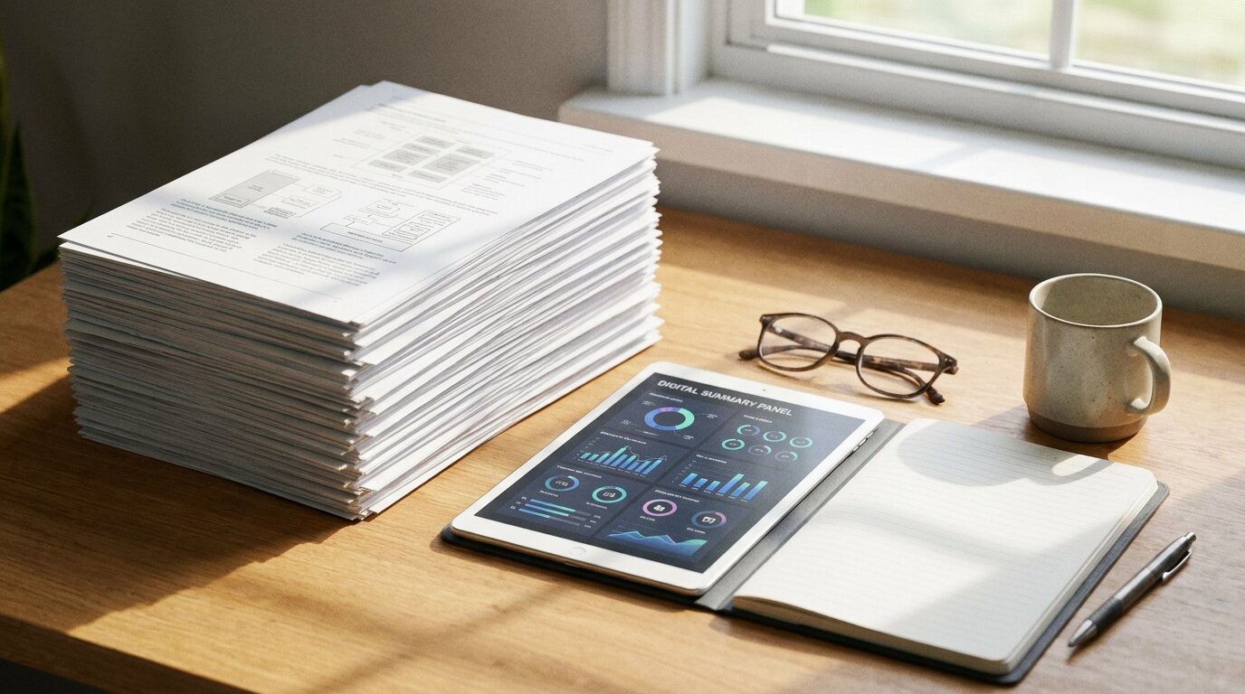 Documentos impressos ao lado de tablet com painel de resumo digital