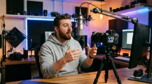 Youtuber gravando vídeo com microfone em estúdio caseiro