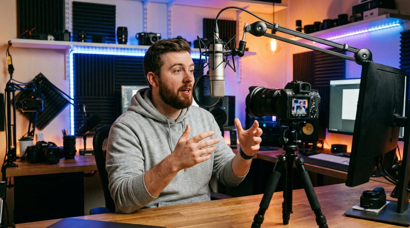 Youtuber gravando vídeo com microfone em estúdio caseiro