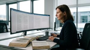 Tradutora comparando documentos em monitor