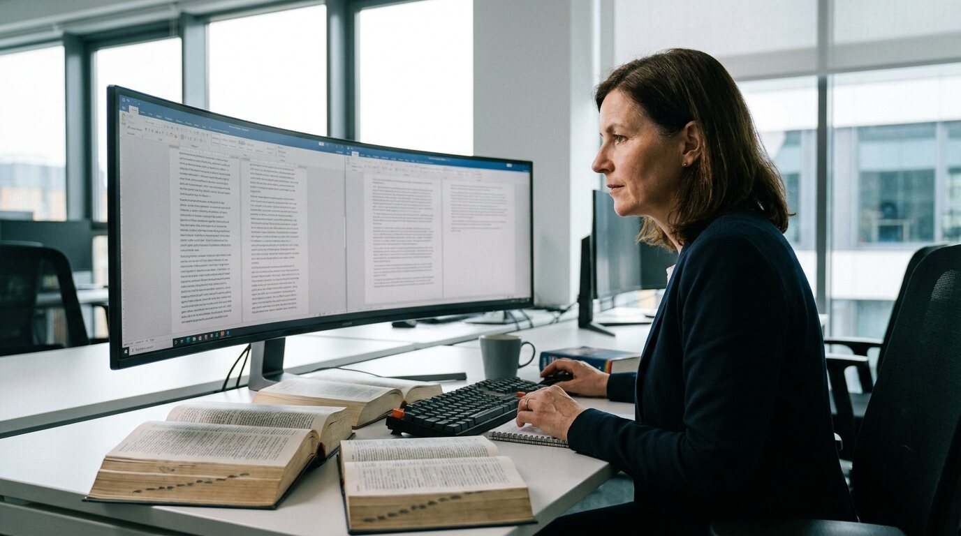Tradutora comparando documentos em monitor