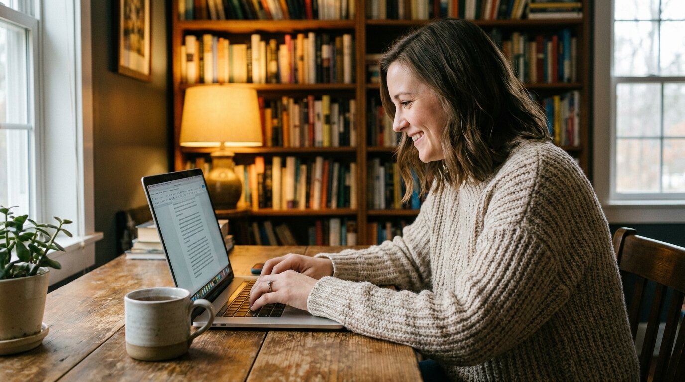 Escritora digitando em notebook com estante de livros ao fundo