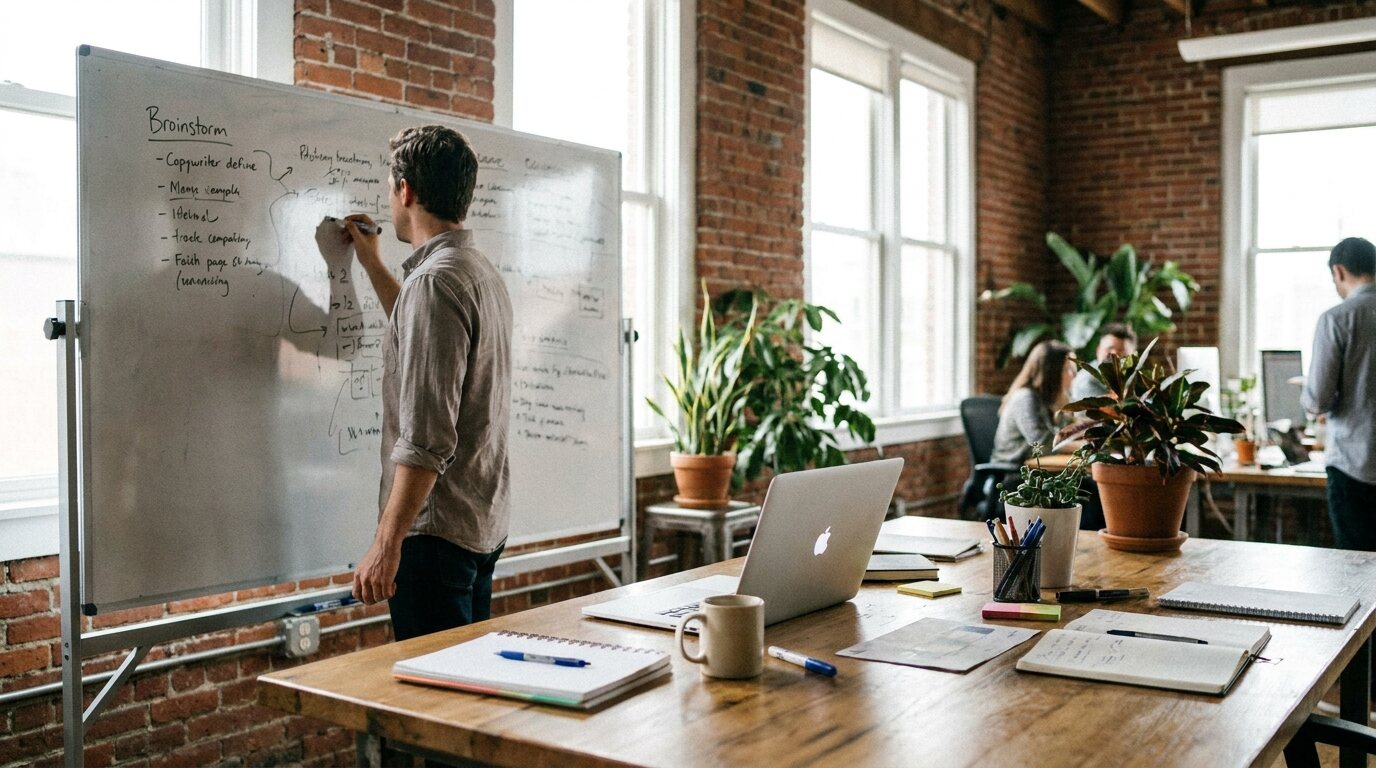 Copywriter escrevendo ideias em quadro branco