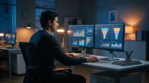 Profissional de marketing analisando gráficos em dois monitores