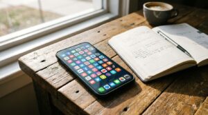 Smartphone com aplicativos de redes sociais sobre mesa com caderno