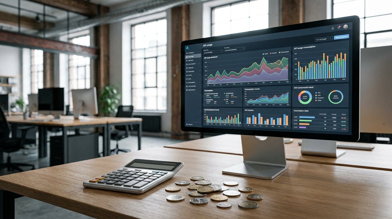 Calculadora e moedas ao lado de monitor com painel de uso de API