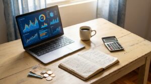 Mesa de pequeno empresário com laptop, calculadora e dinheiro representando o custo de usar IA no Brasil em 2026