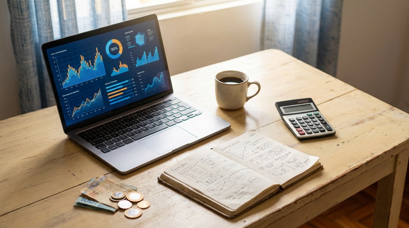 Mesa de pequeno empresário com laptop, calculadora e dinheiro representando o custo de usar IA no Brasil em 2026