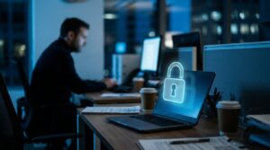 Cadeado digital brilhando sobre tela de notebook em escritório corporativo