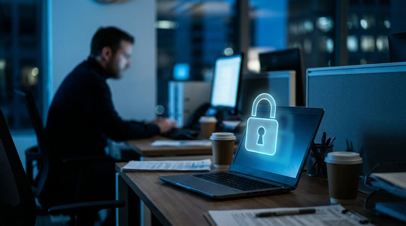 Cadeado digital brilhando sobre tela de notebook em escritório corporativo
