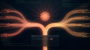 Logo coral do Claude no centro com streams de código ramificando em subagentes paralelos a partir de um terminal com o comando /fork