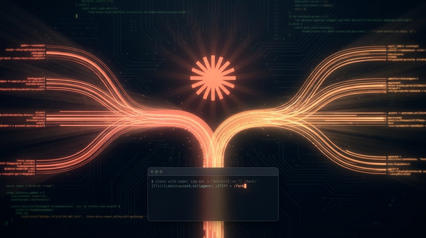 Logo coral do Claude no centro com streams de código ramificando em subagentes paralelos a partir de um terminal com o comando /fork
