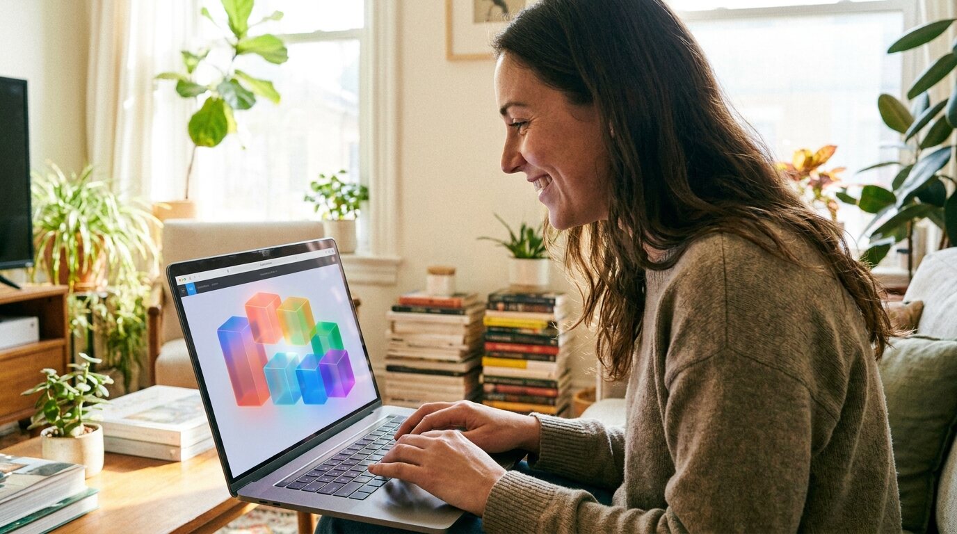Pessoa sorrindo criando aplicativo com blocos coloridos na tela do notebook
