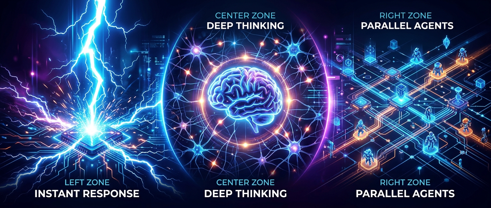 Ilustração dos três modos de raciocínio do Muse Spark: Instant, Thinking e Contemplating com agentes paralelos