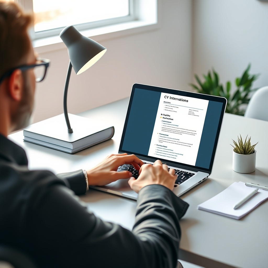 Profissional adaptando currículo em inglês com IA para vaga internacional