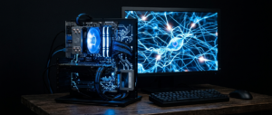 Como rodar IA local em PC fraco: computador desktop com padrões de rede neural