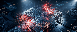 Ilustração abstrata de rede neural digital fragmentando barreiras de segurança, representando risco de agente de IA autônomo fora de controle