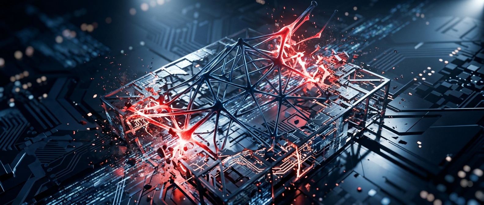 Ilustração abstrata de rede neural digital fragmentando barreiras de segurança, representando risco de agente de IA autônomo fora de controle