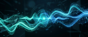 Ilustração abstrata de ondas sonoras digitais formando interface de voz com IA em tons azul e verde, representando GPT Live para atendimento por voz