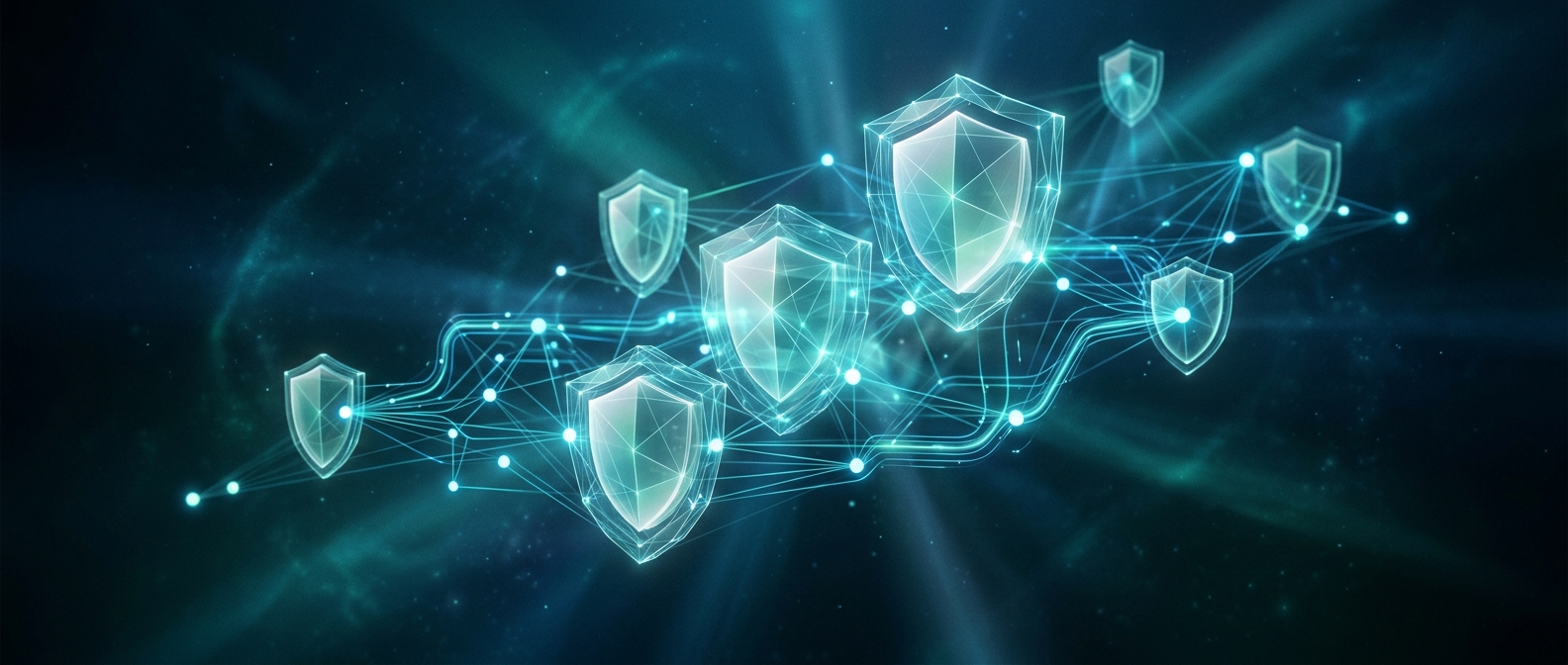 Escudos digitais e nós interconectados representando governança e controle de agentes de IA em ambiente corporativo