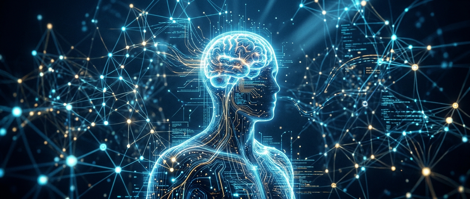 ilustração conceptual da inteligência artificial geral AGI — rede neural luminosa em forma humana