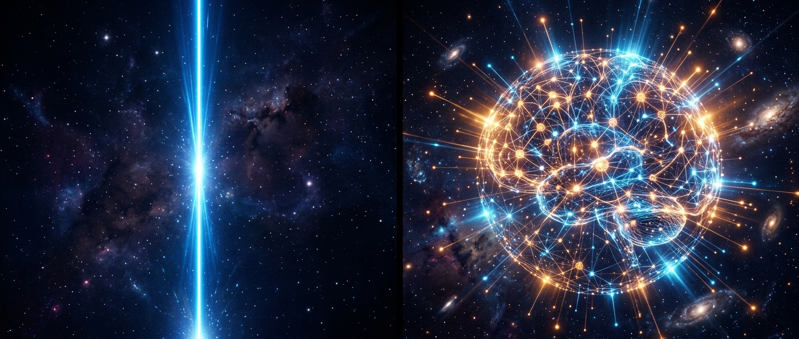 comparativo visual entre IA estreita narrow AI e AGI inteligência artificial geral — dois mundos cognitivos
