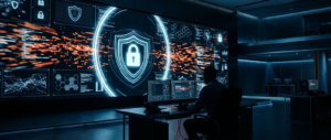 IA de cibersegurança com acesso restrito — analista em SOC com telas de dados e gateway de luz protegendo rede