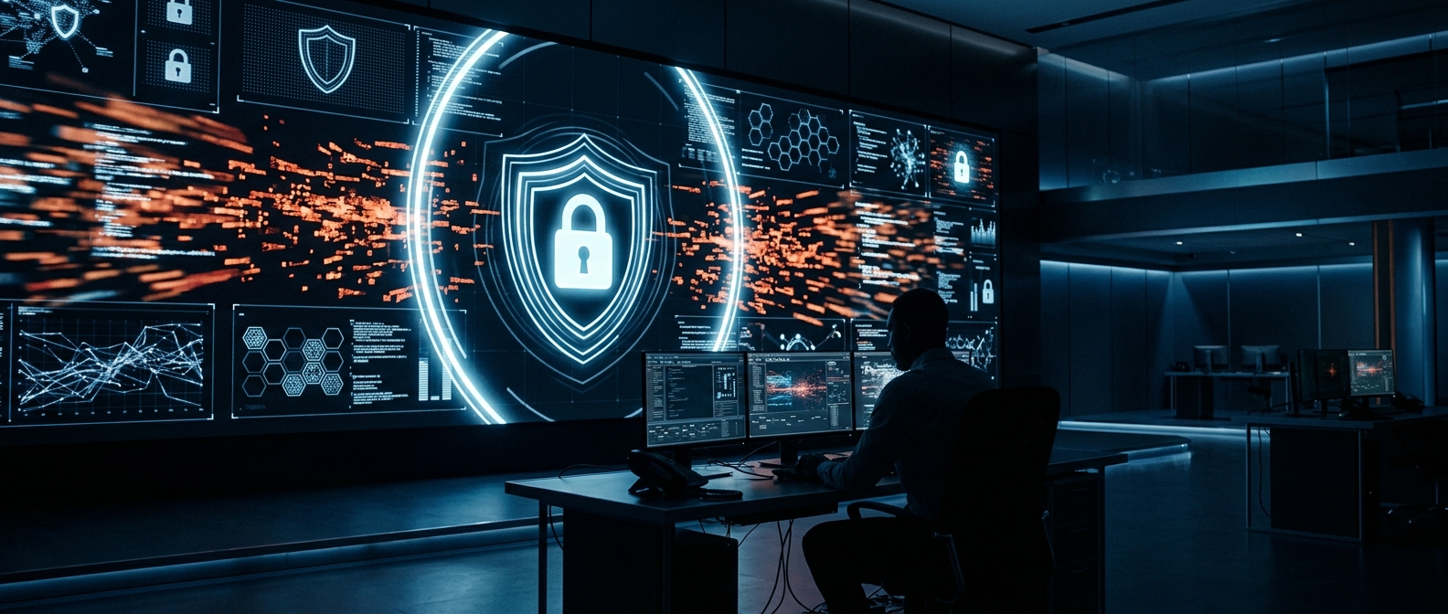 IA de cibersegurança com acesso restrito — analista em SOC com telas de dados e gateway de luz protegendo rede