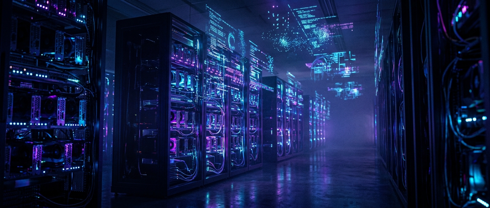 Representação visual da arquitetura Qwen 4 com servidores GPU e fluxos de dados holográficos em cenário cinematográfico índigo e roxo