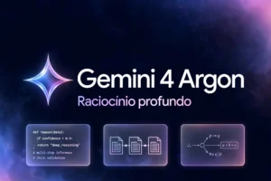 Arte gerada por IA com símbolo estilizado do Gemini, texto Gemini 4 Argon e elementos de código, documentos e raciocínio.