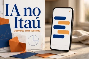 Imagem gerada por IA com o texto IA no Itaú e um celular com conversa ilustrativa nas cores azul e laranja.