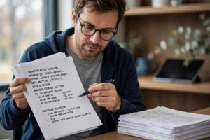 Imagem gerada por IA: desenvolvedor segurando folhas de código legadas, analisando trechos; fundo desfocado com tablet não legível.